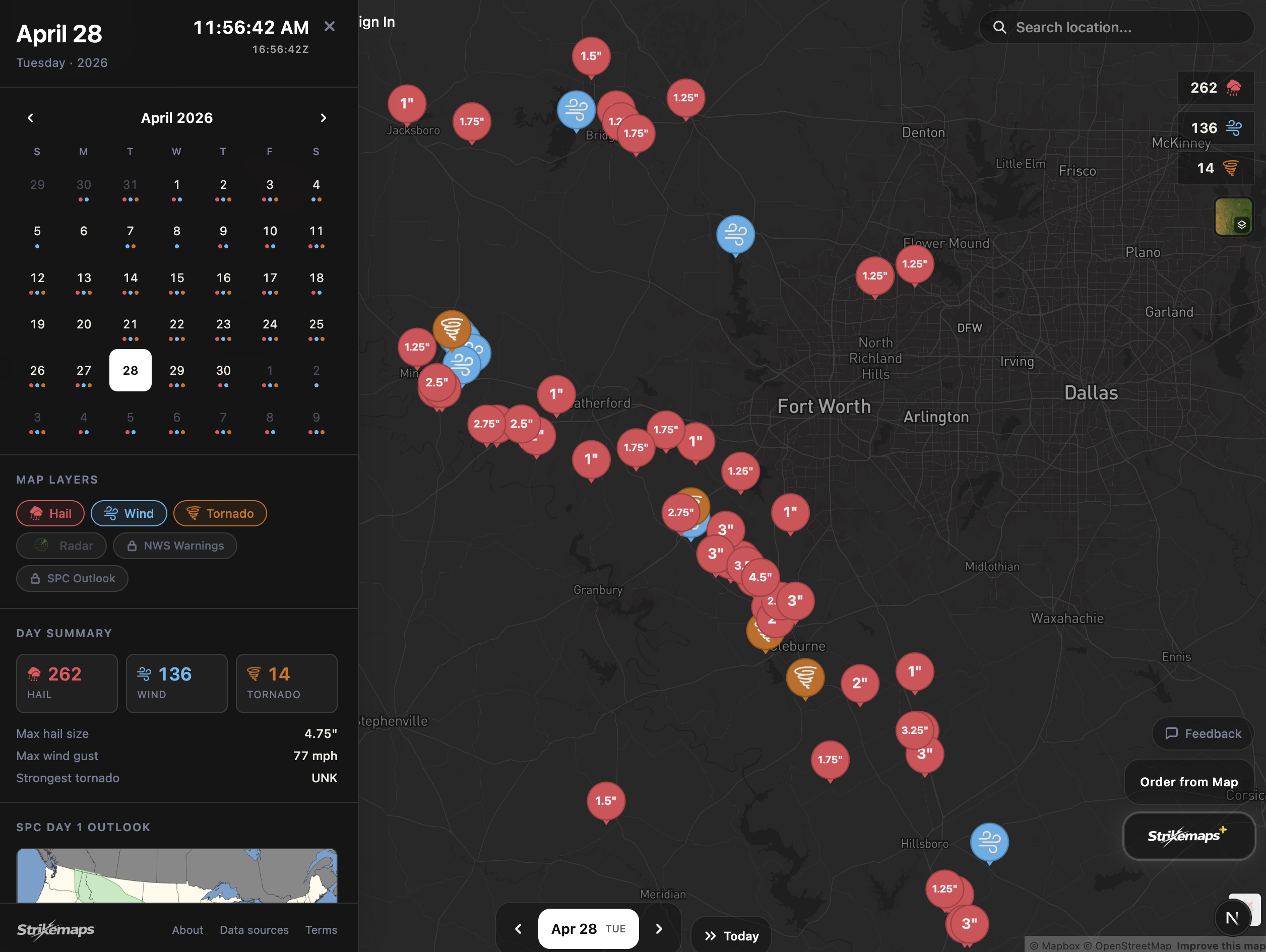 StrikeMaps live storm map showing a recent DFW hail event with the calendar sidebar open